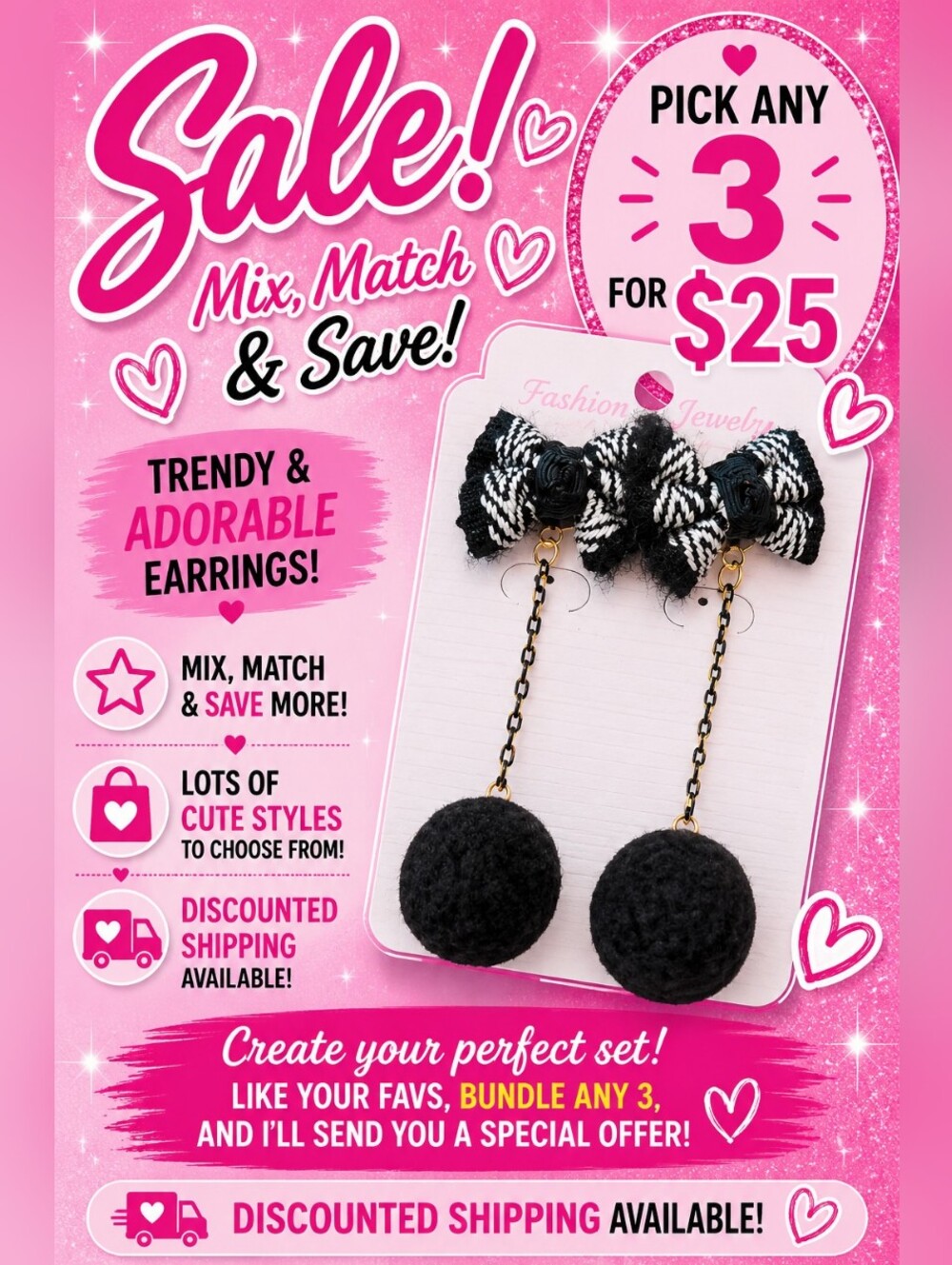 Black Fabric Pom Pom Drop Earrings Bow Chain Dangle Statement Fashion Jewelry